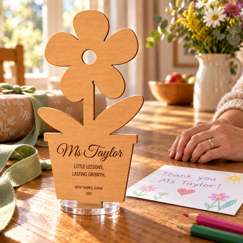 Wooden flower-pot teacher plaque beside a thank-you card in a warm home gifting scene. Digital lifestyle visualisation; gift wrapping, card, ribbon and other props not included.