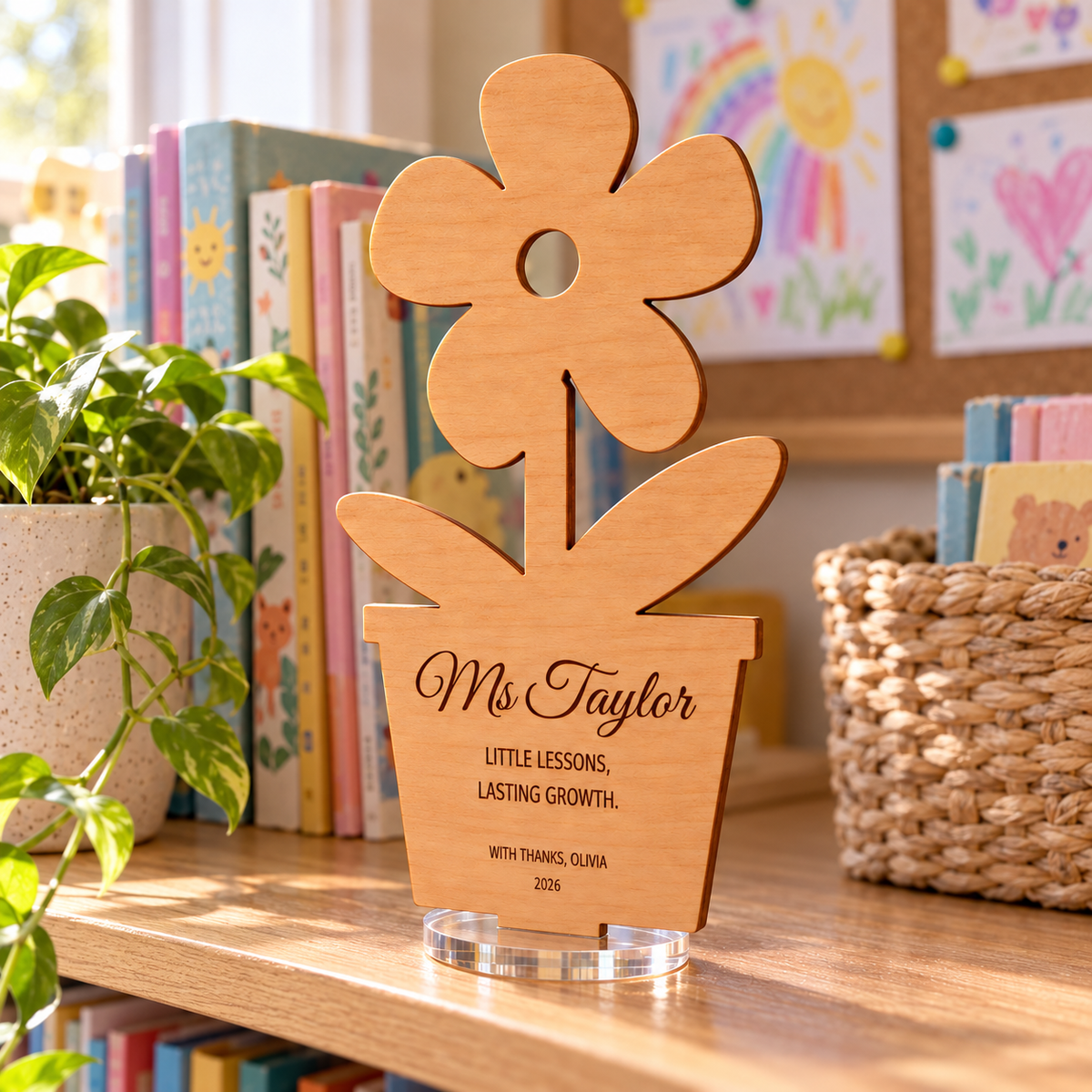 Personalised wooden flower-pot teacher plaque displayed on a classroom reading shelf. Digital lifestyle visualisation; books, basket and plant not included.