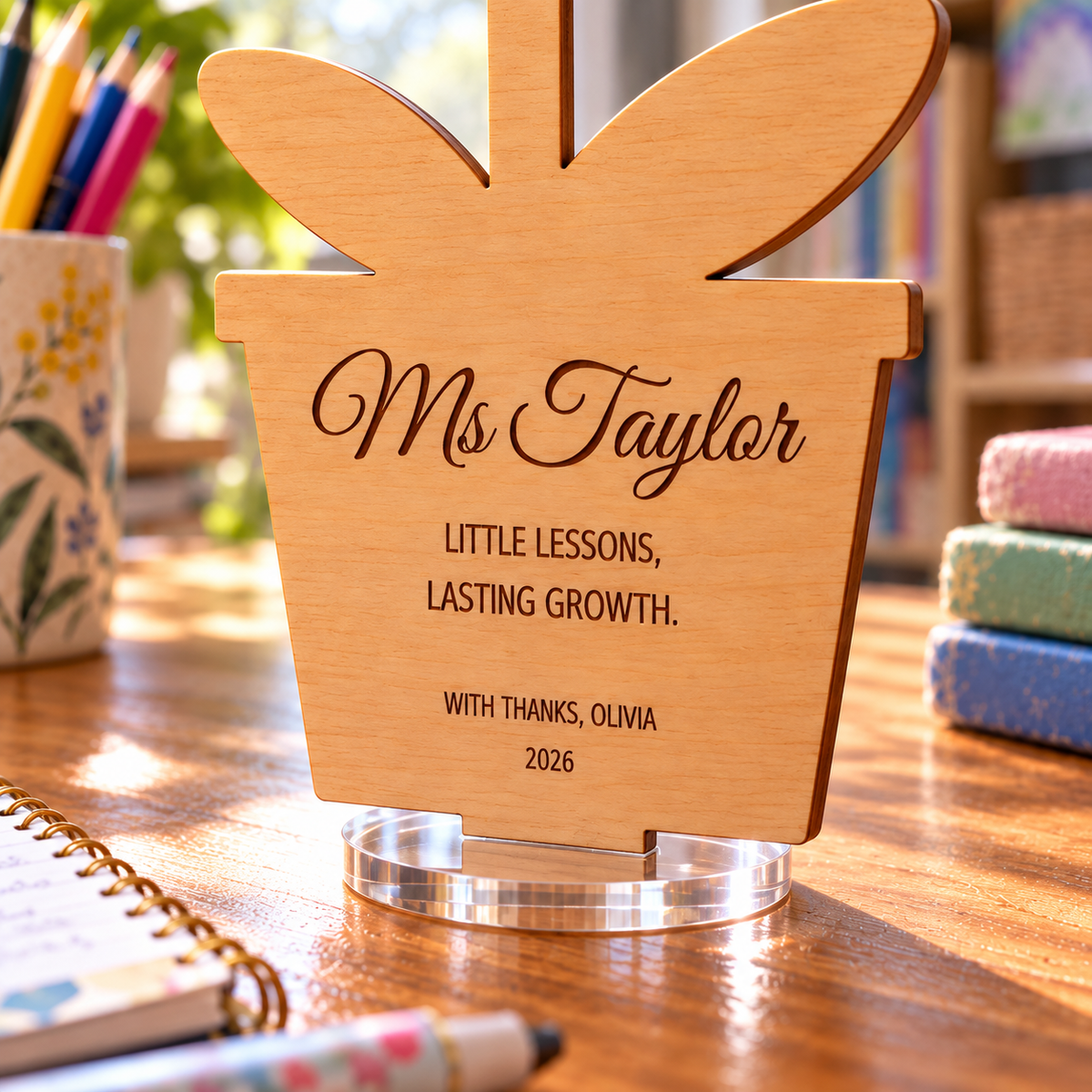 Close-up of the teacher plaque's personalised engraved lettering and wood surface on a classroom desk. Digital product visualisation; styling props not included.