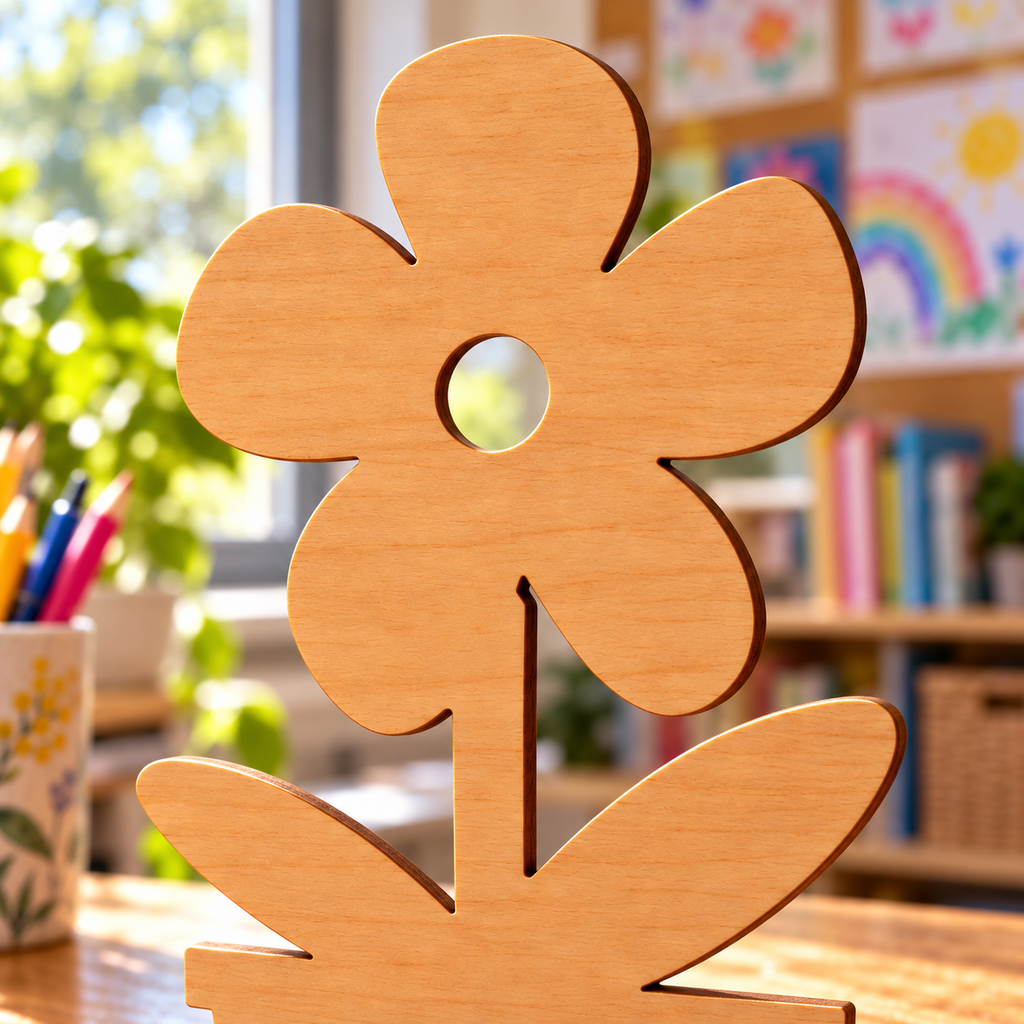 Close-up of the original five-petal wooden flower shape, circular centre opening and leaf joins in a classroom setting. Digital product visualisation.