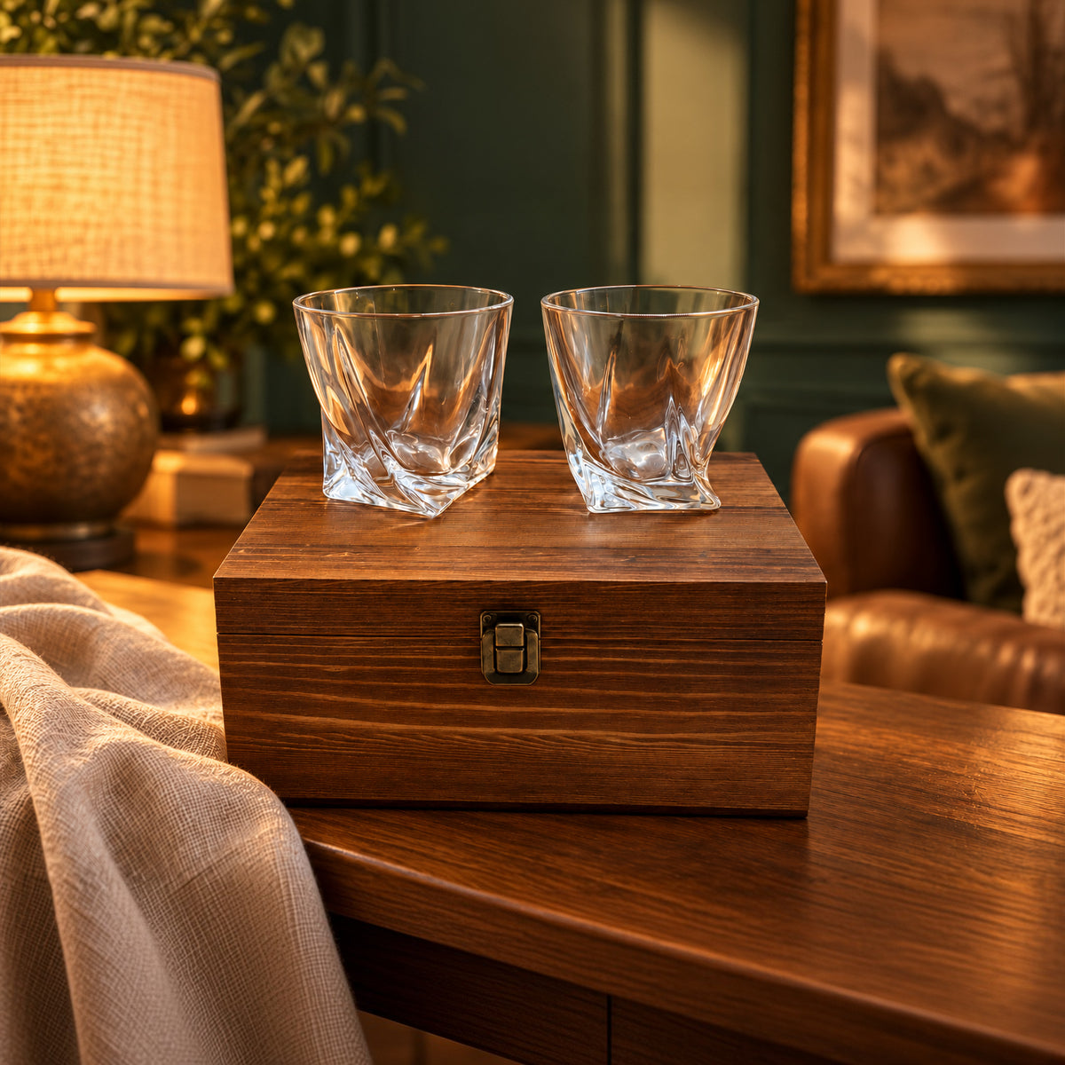 Personalised Twisted Whisky Glasses & Stones in Wooden Gift Box