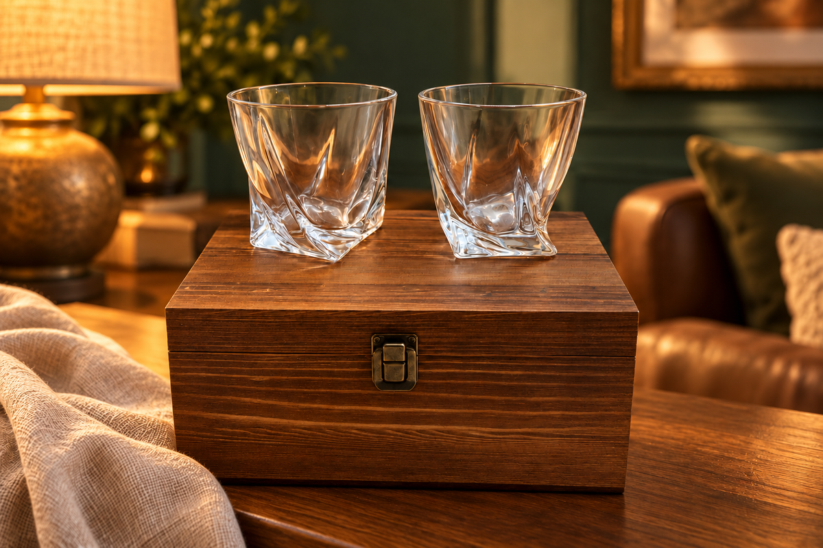 Personalised Twisted Whisky Glasses & Stones in Wooden Gift Box