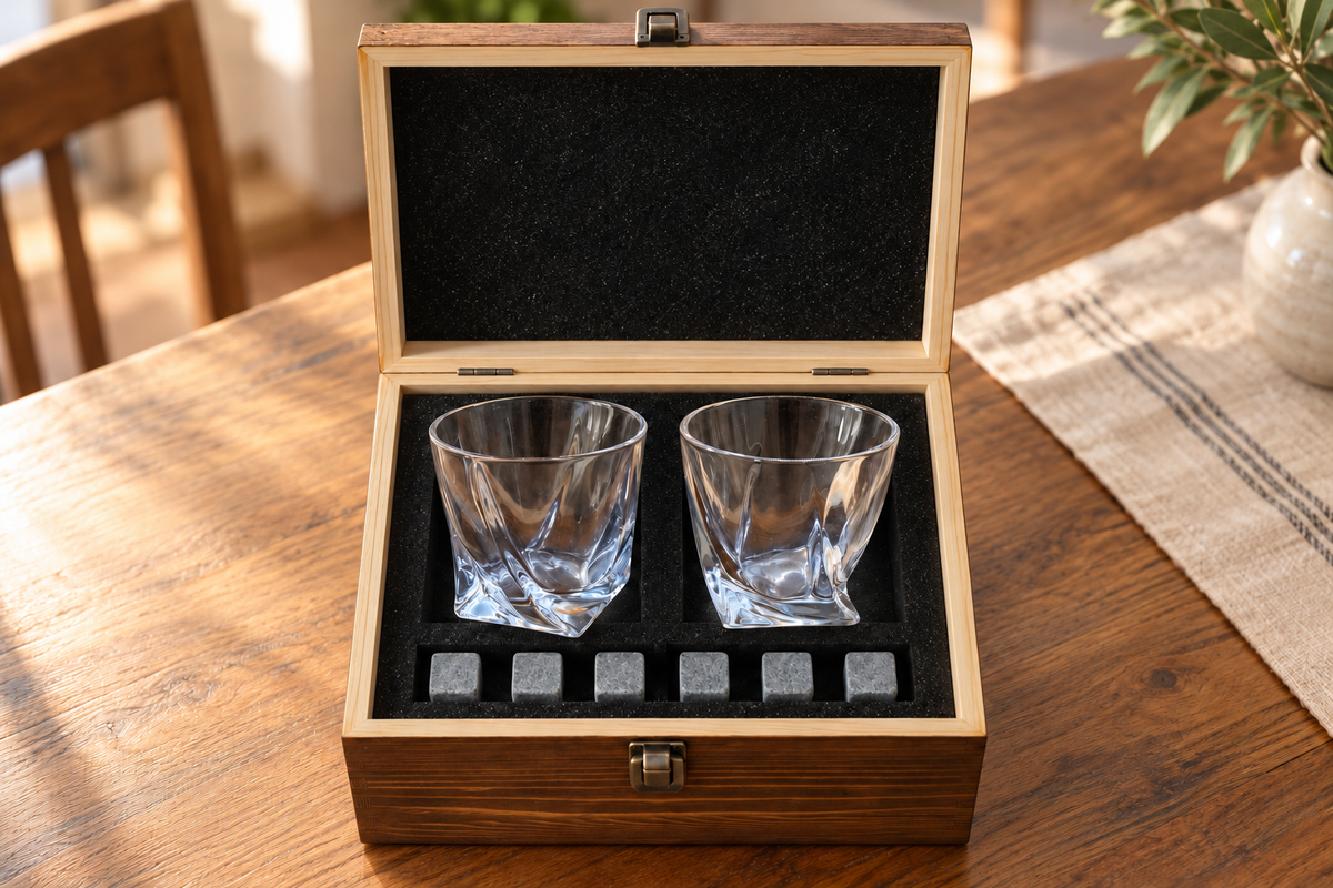 Open wooden gift box holding two twisted whisky glasses and six whisky stones