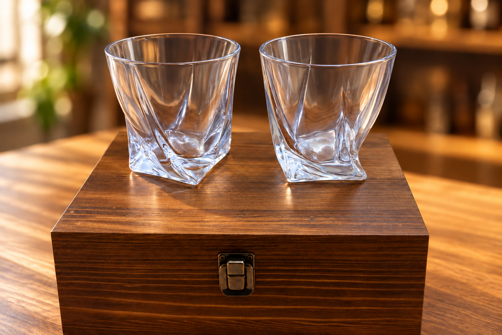 Close view of circular rims and twisted square glass bases