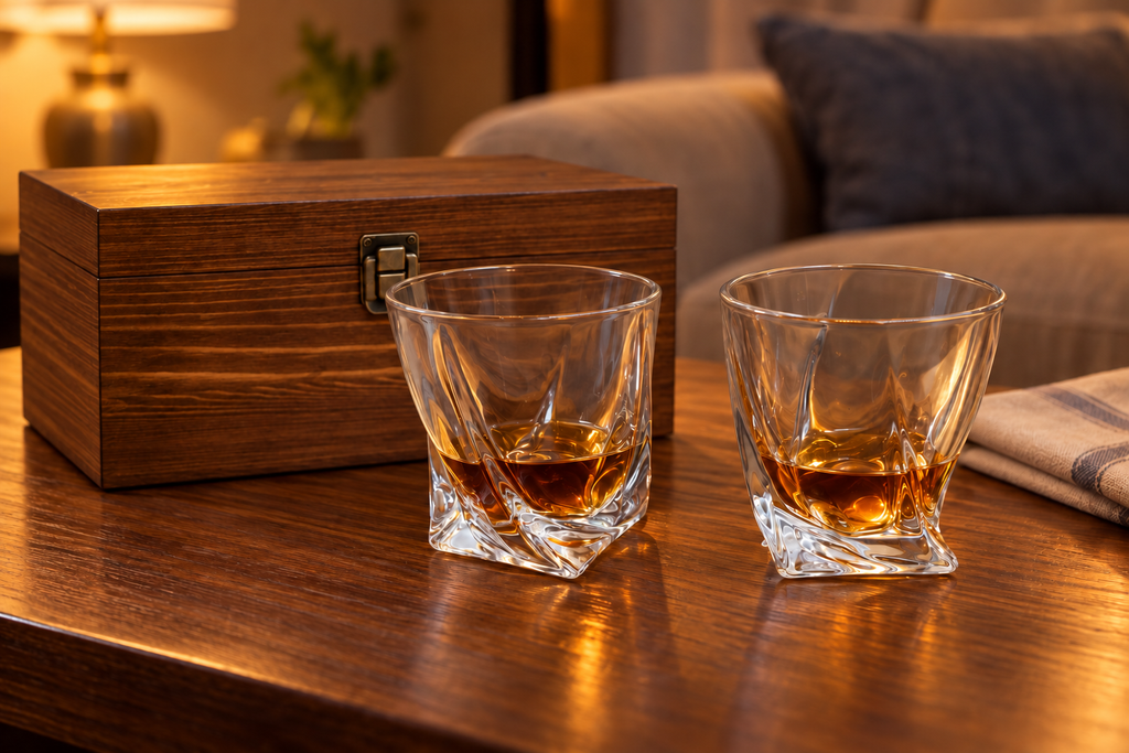 Two twisted whisky glasses with illustrative drinks beside the gift box; drinks not included