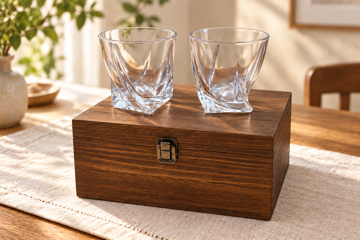 Two twisted whisky glasses and wooden gift box in soft daylight