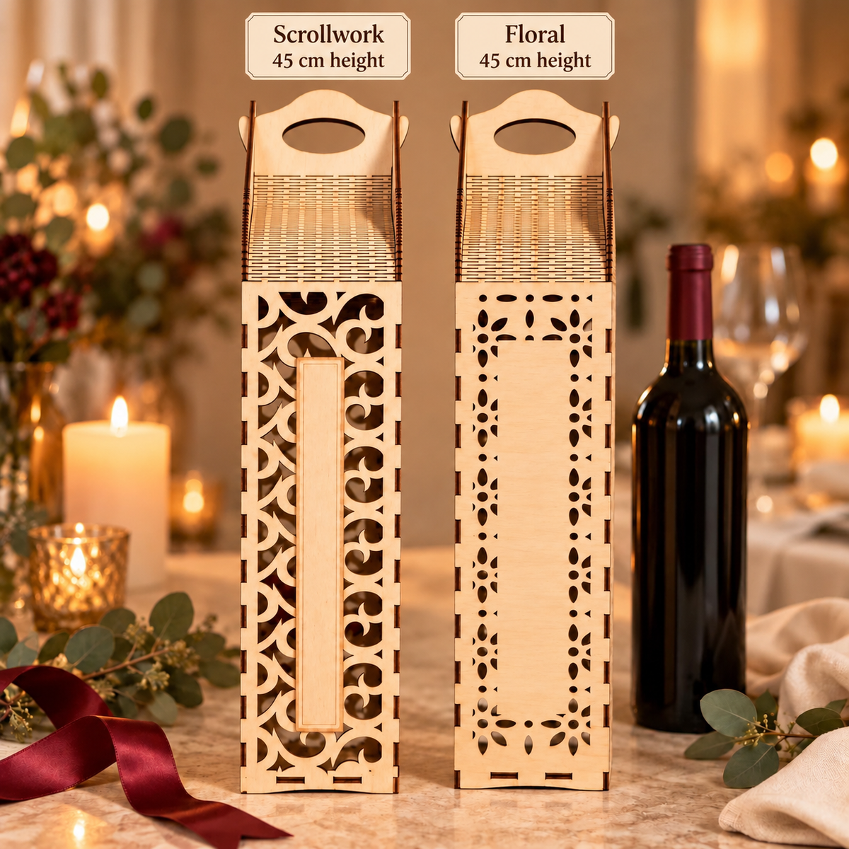 Personalised wooden wine bottle carriers: Scrollwork on the left and Floral on the right, both 45 cm total height including the handle. Styling props not included.