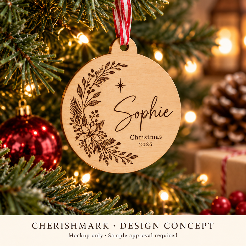 Original wood-bauble personalised product design concept; AI-generated mockup, not a finished-product photograph.