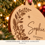 CherishMark wood-bauble: original AI-generated design concept, not an actual product photograph, manufacturing proof or physical scale reference. Styling props not included.