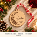 CherishMark wood-bauble: original AI-generated design concept, not an actual product photograph, manufacturing proof or physical scale reference. Styling props not included.