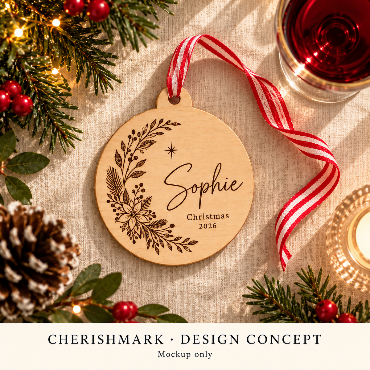 CherishMark wood-bauble: original AI-generated design concept, not an actual product photograph, manufacturing proof or physical scale reference. Styling props not included.