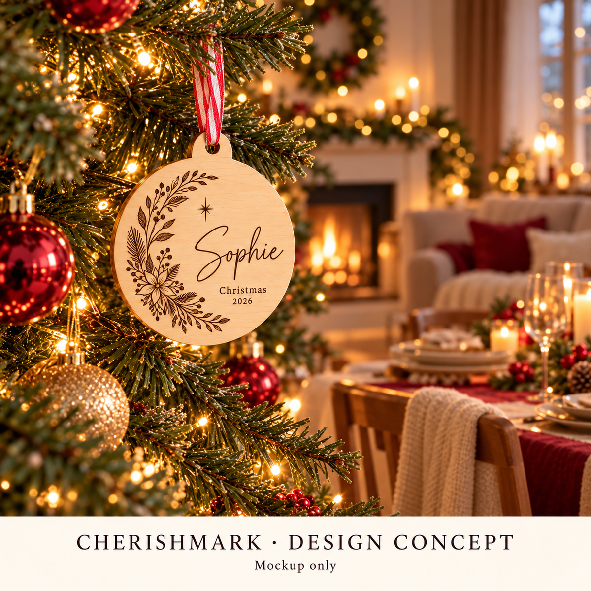 CherishMark wood-bauble: original AI-generated design concept, not an actual product photograph, manufacturing proof or physical scale reference. Styling props not included.