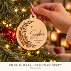 CherishMark wood-bauble: original AI-generated design concept, not an actual product photograph, manufacturing proof or physical scale reference. Styling props not included.