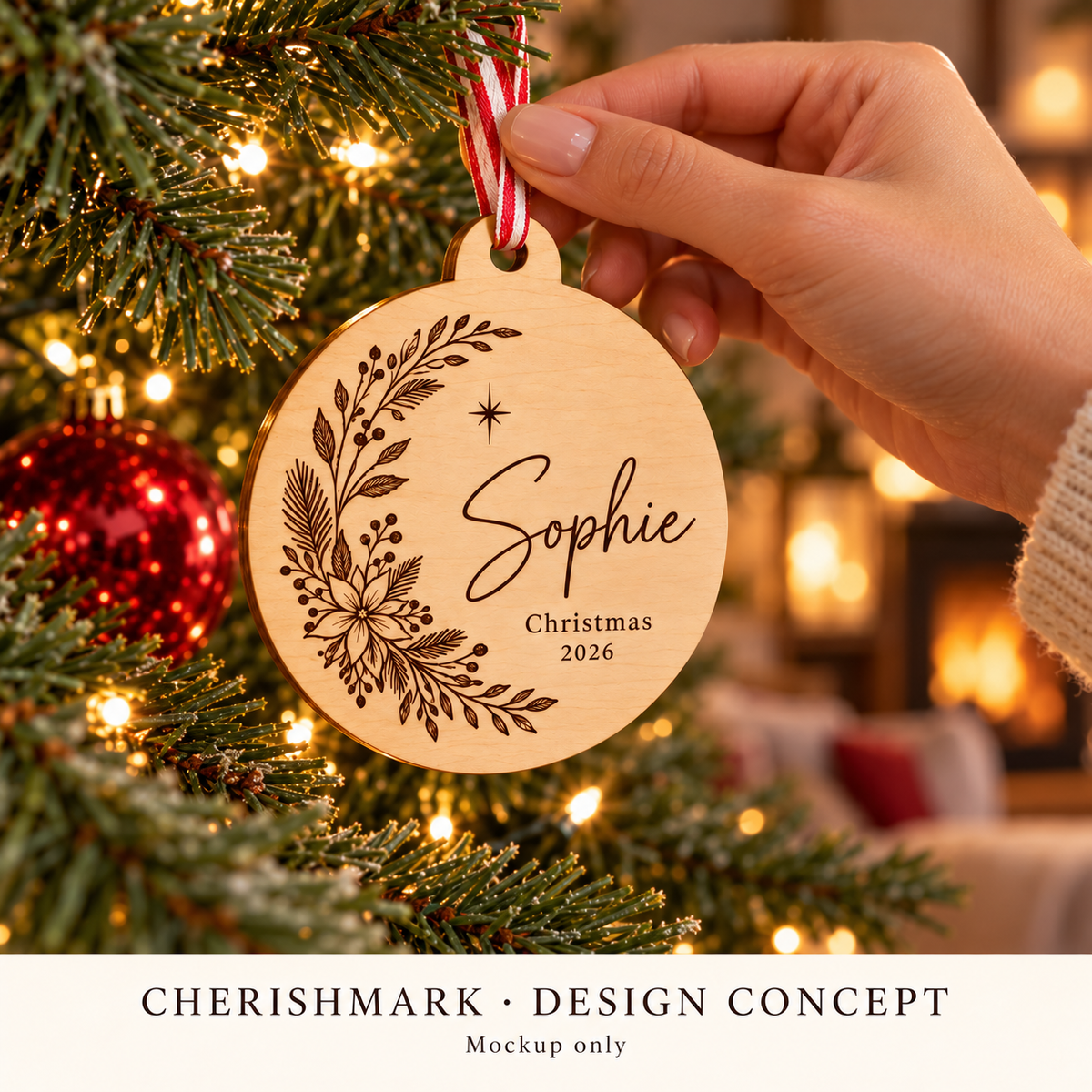 CherishMark wood-bauble: original AI-generated design concept, not an actual product photograph, manufacturing proof or physical scale reference. Styling props not included.