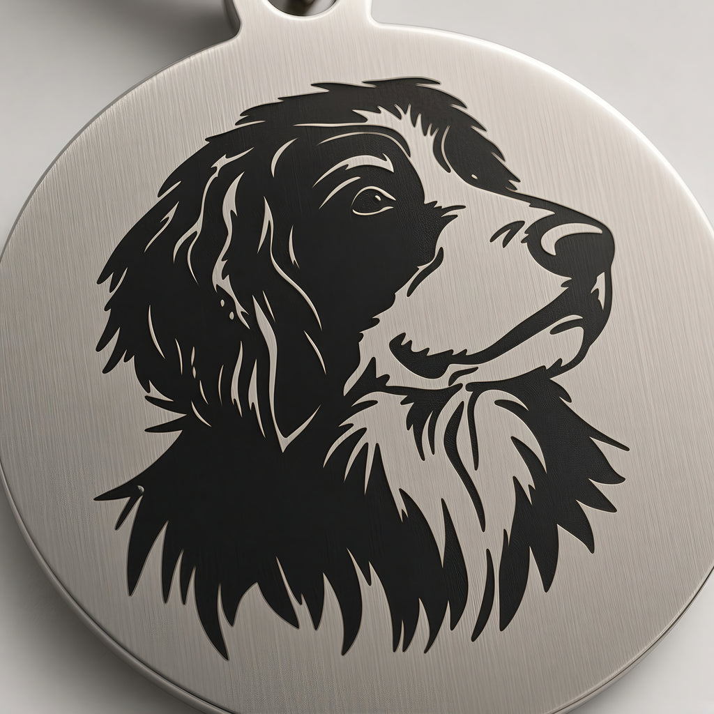 Close-up of the detailed black pet portrait engraving on the brushed stainless steel tag