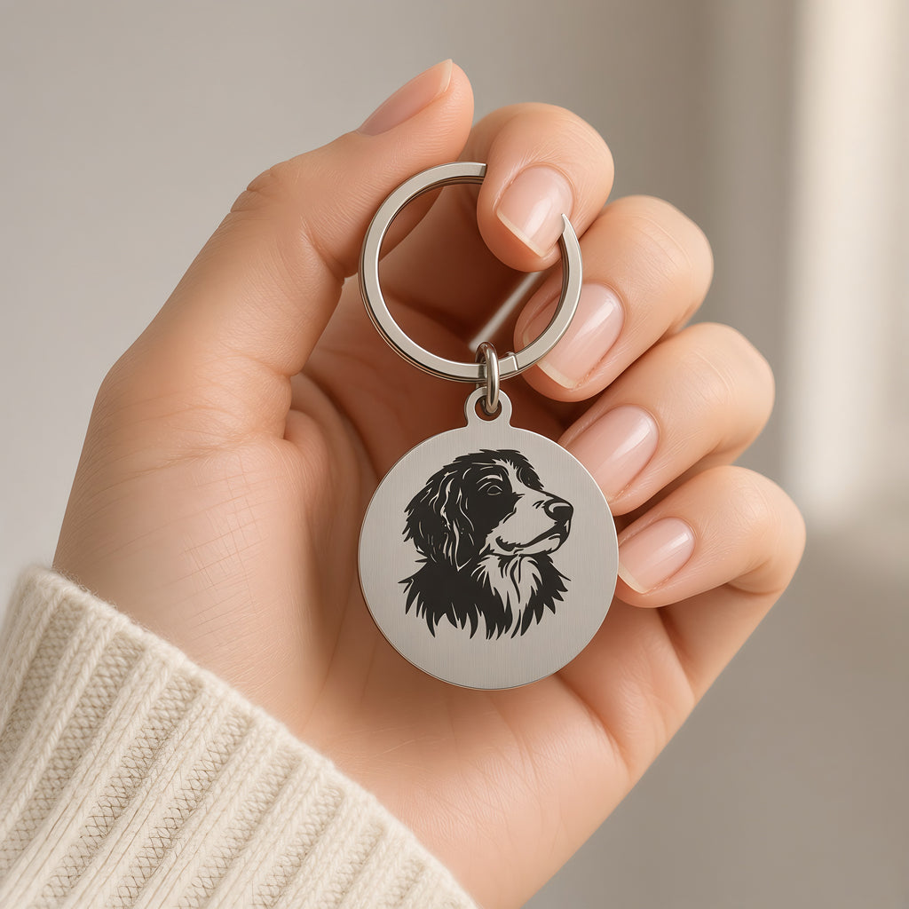 Hand holding the personalised dog portrait keyring to show its size