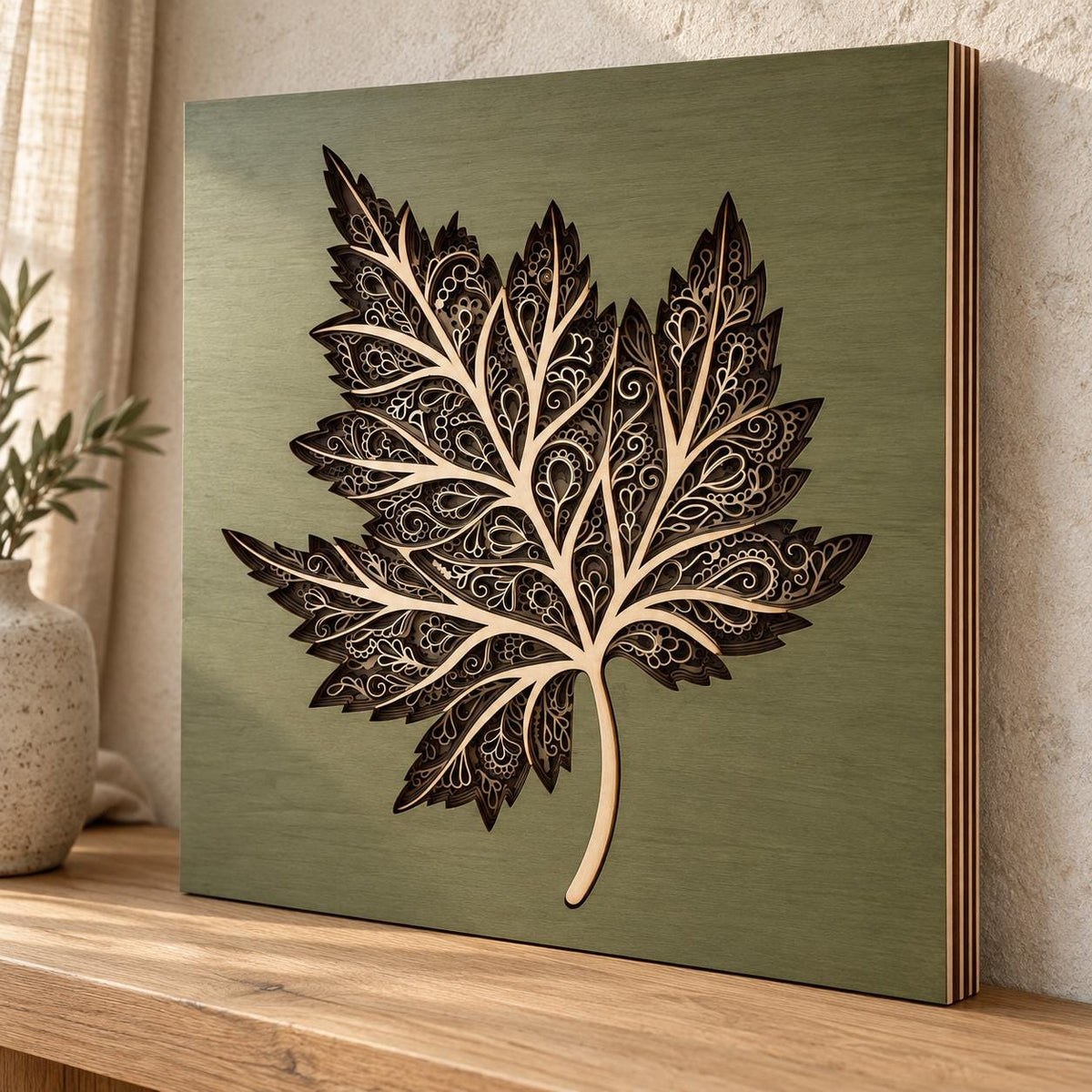 Personalised Maple Leaf Wood Wall Art, 27cm Seven Layer Panel, Custom Colour and Name