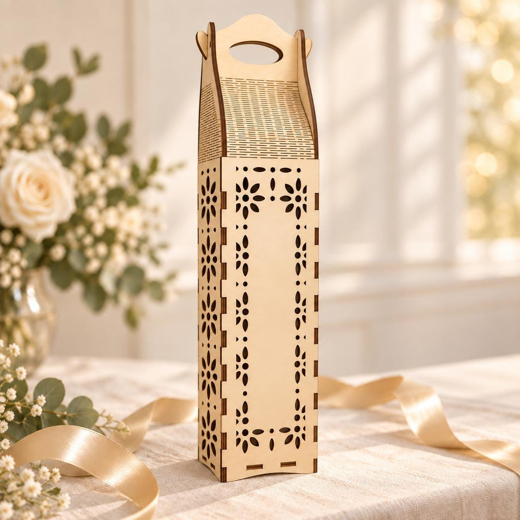 Personalised Wooden Wine Bottle Carrier, Engraved Gift Box (Scrollwork or Floral)