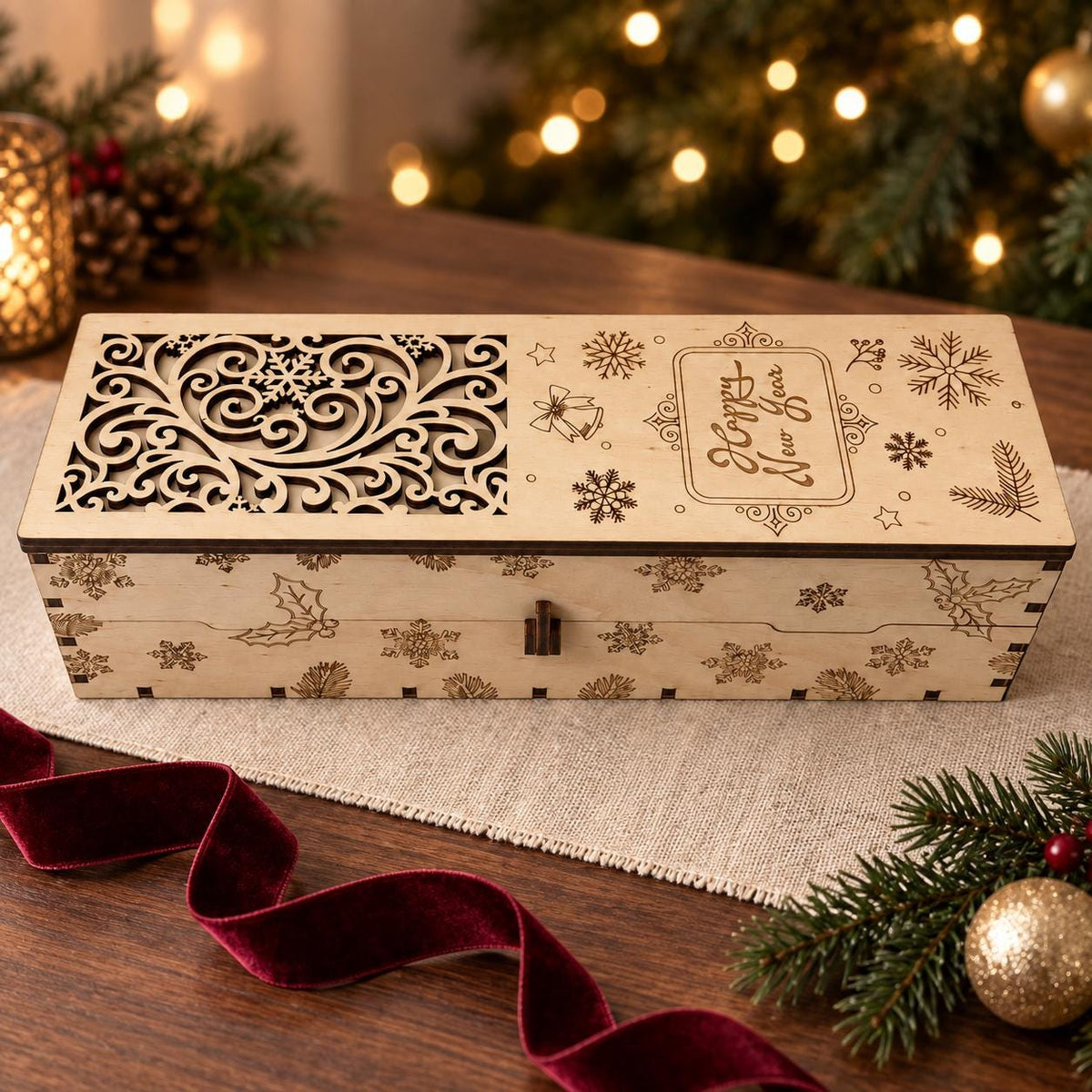 Personalised Wooden Wine Gift Box, Engraved Name and Message, Christmas Keepsake Box