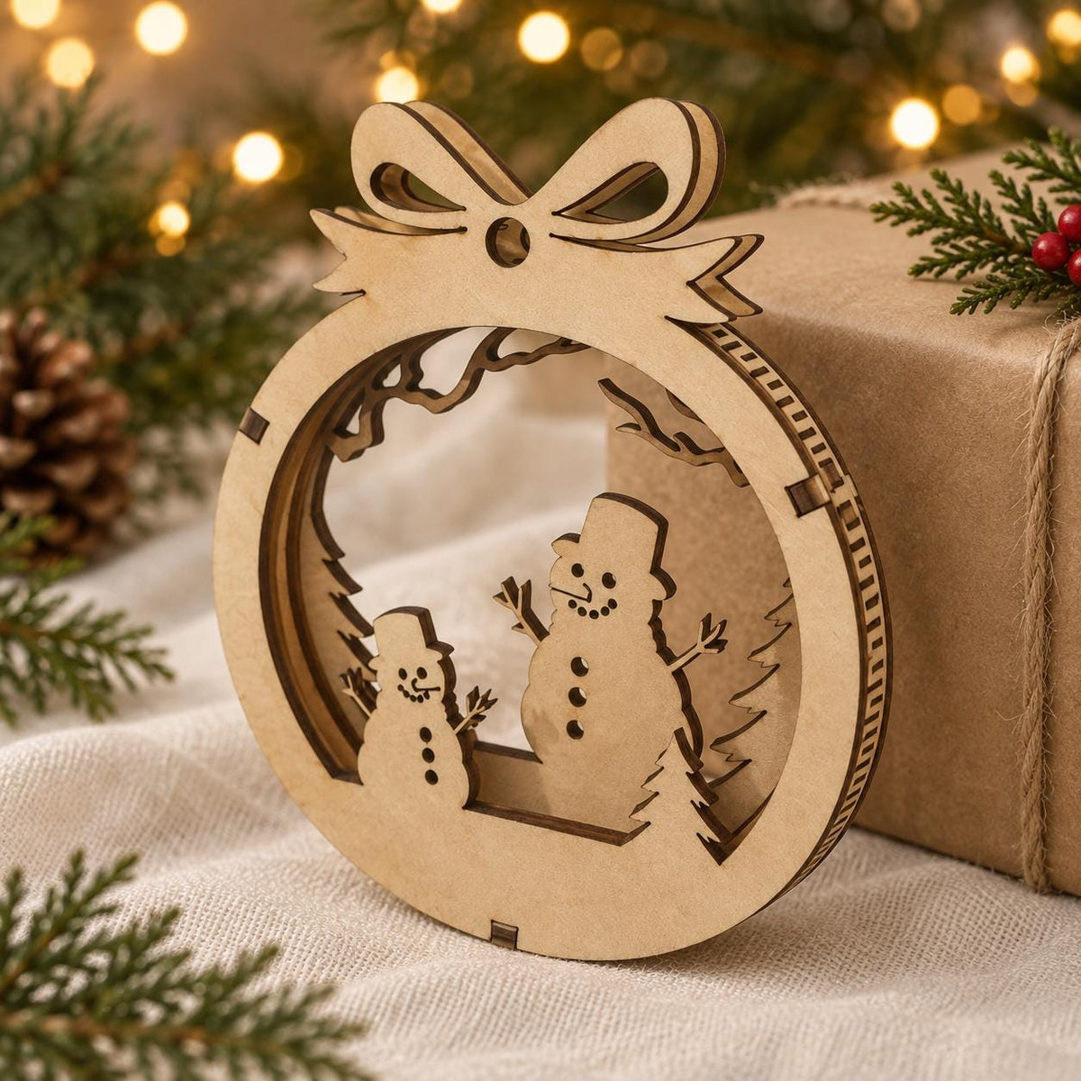 Personalised 3D Wooden Christmas Ornament, Layered Snowman, Reindeer and Winter Scene Bauble