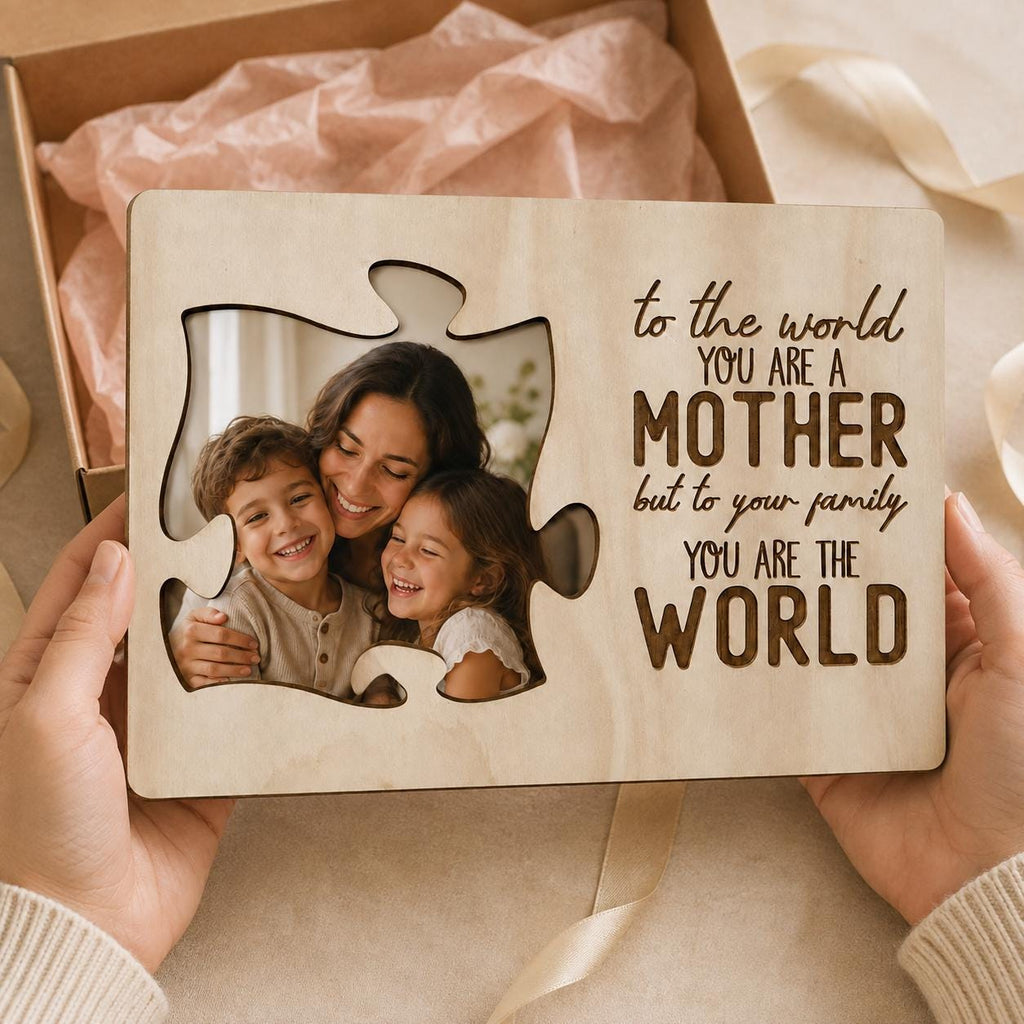 Personalised Wooden Mum Photo Frame with Puzzle-Shaped Opening – Mother’s Day Keepsake