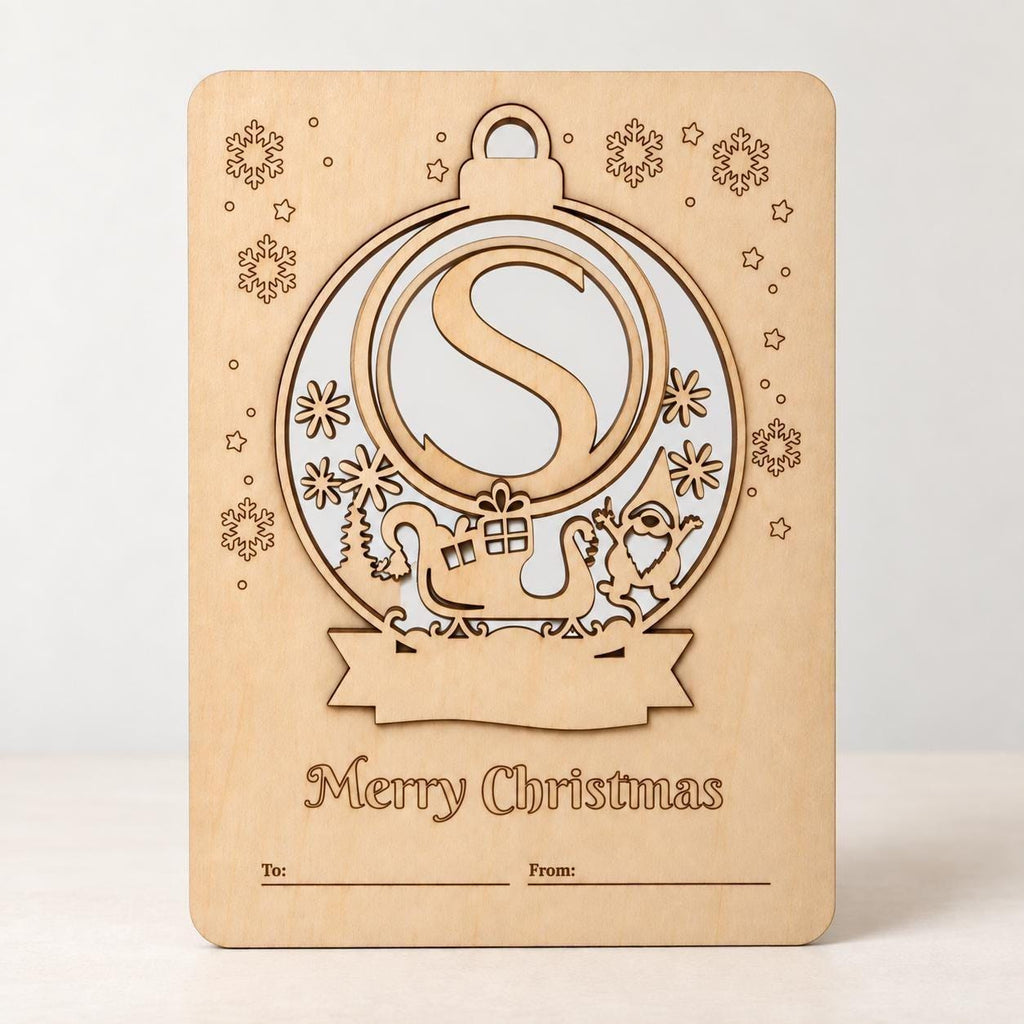Personalised Wooden Initial Christmas Ornament with Gift Frame, Custom Name Santa Sleigh Bauble