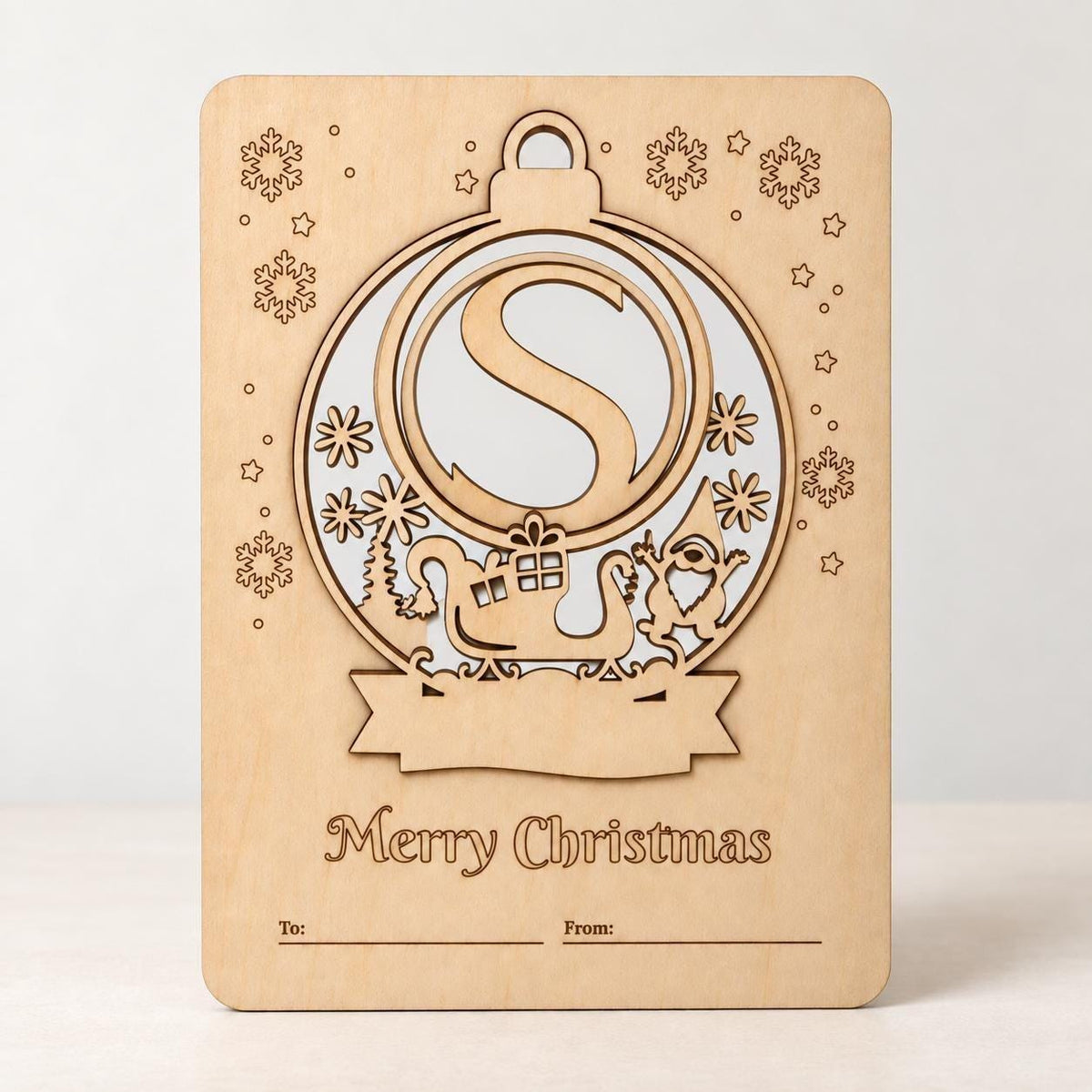 Personalised Wooden Initial Christmas Ornament with Gift Frame, Custom Name Santa Sleigh Bauble