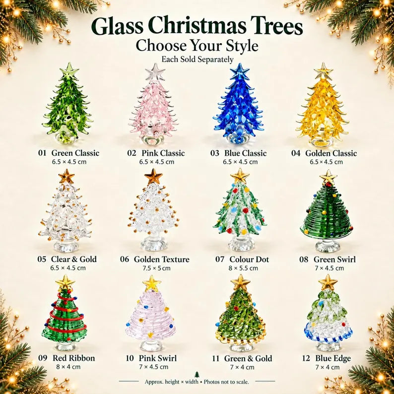 Handmade Mini Glass Christmas Tree Figurine, 12 Styles to Choose, Small Tabletop Holiday Decoration
