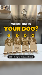 Personalised wooden dog phone stand v10 — laser cutting, engraving and finished custom pet-name stands.