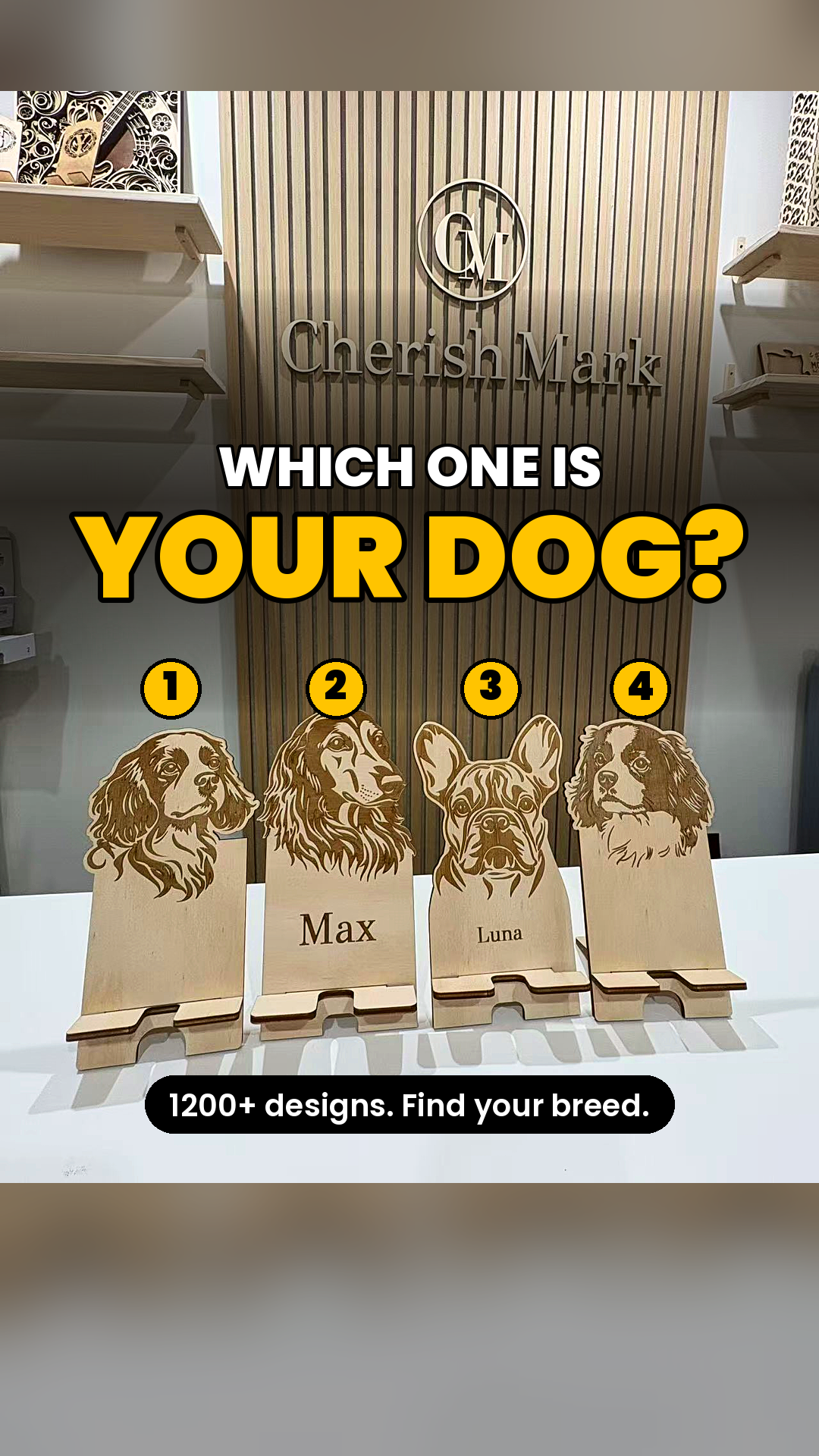 Personalised wooden dog phone stand v10 — laser cutting, engraving and finished custom pet-name stands.