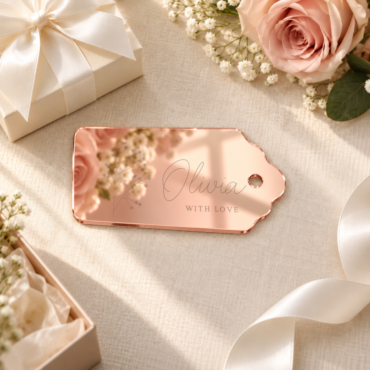 Mirror Rose Gold rectangle acrylic wedding gift tag, personalized engraving example — digital scene visualization. Selected tie option not shown; styling props not included.