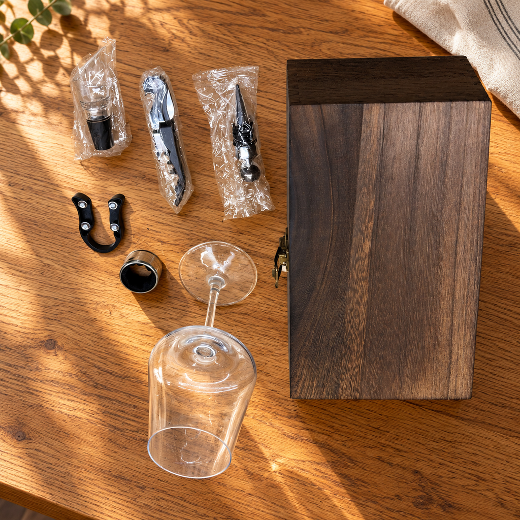 One stemmed wine glass, five wine accessories and dark brown wooden presentation box
