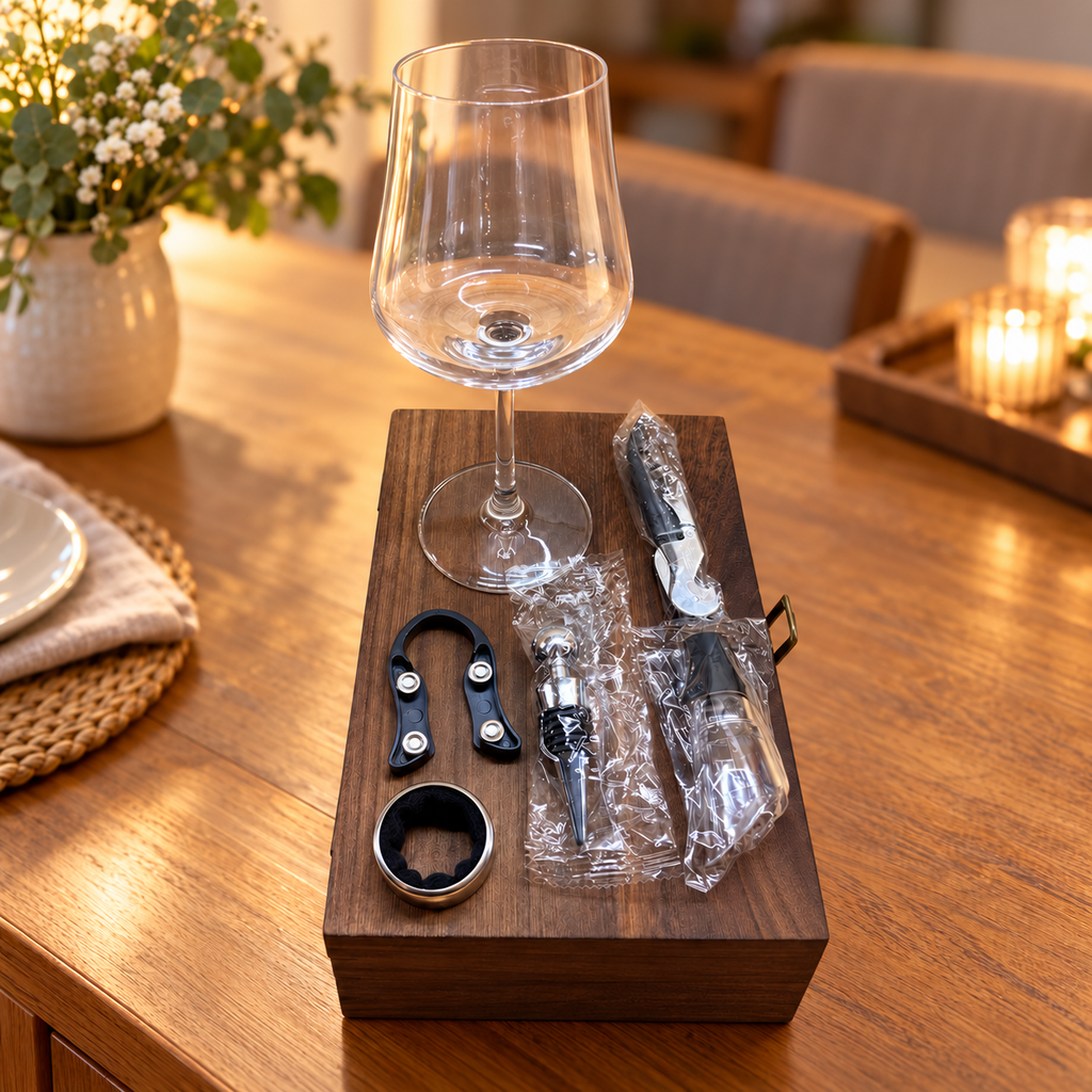 Single wine glass standing with five accessories on a wooden gift box